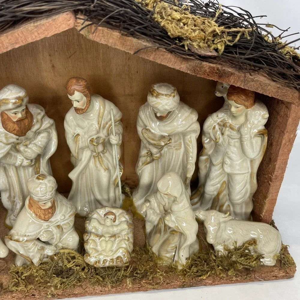 Nativity Set Porcelain Fixed Figures Wooden Creche C7699 In Box Appx 12